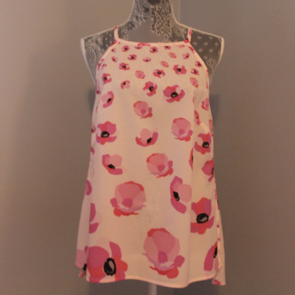 Cabi Womens Floating Poppies Halter Top Size Small Pink Black Tie Back #5218